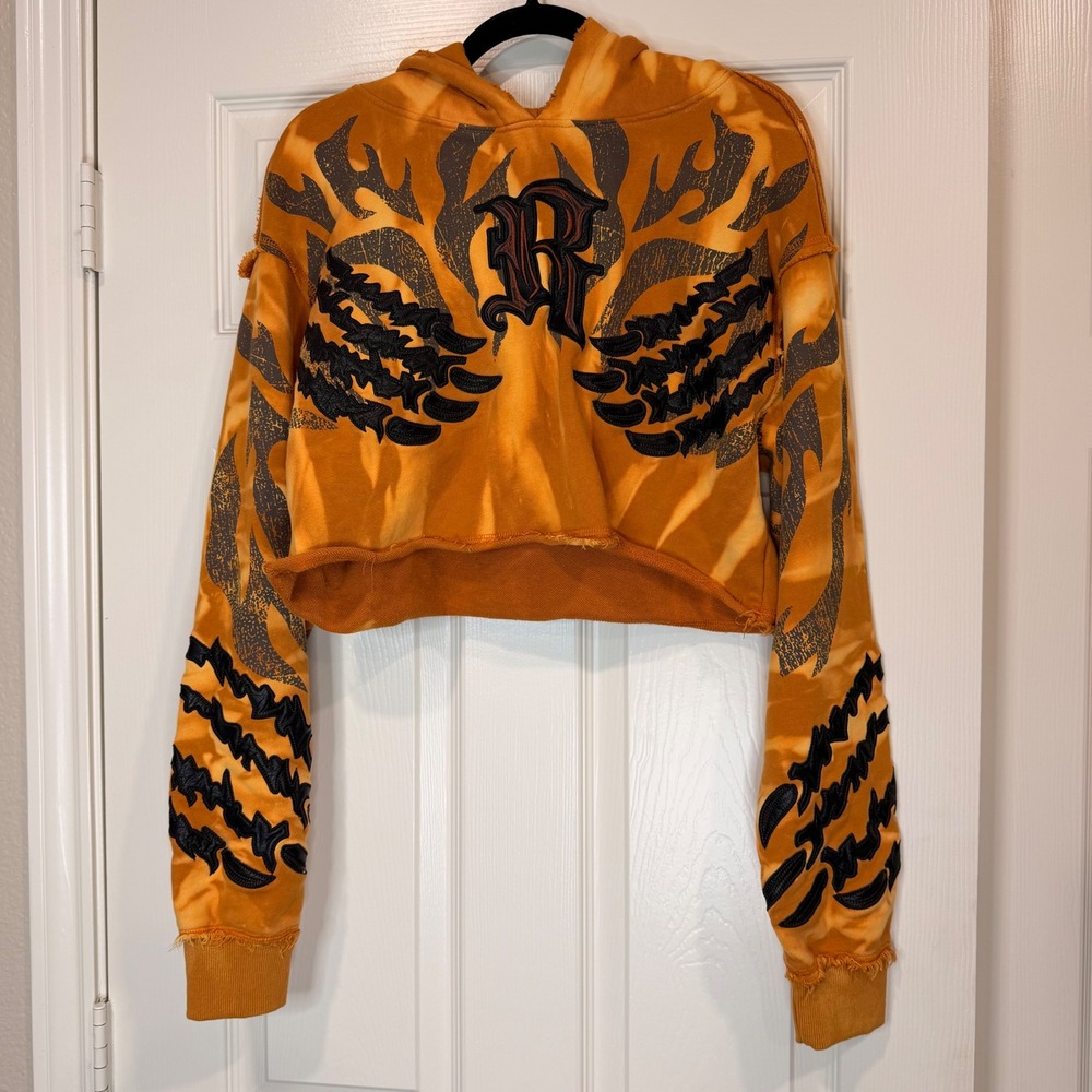 #B1 SMOKE RISE RED Hoodie sz. Medium Orange Cropped Faux Leather PTP  23"